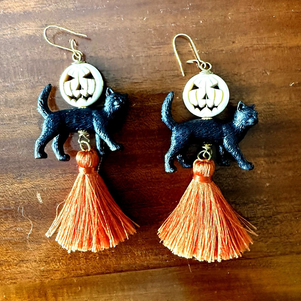Lenora Dame Salem Cat Earrings Halloween Black Cat Pumpkin Tassel 4" Dangle